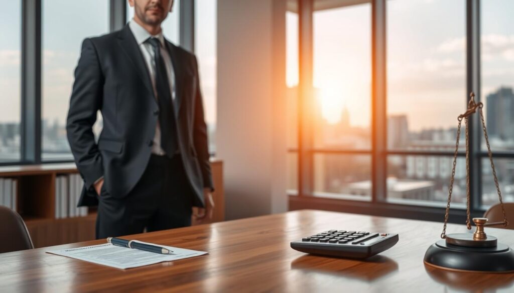 A professional lawyer in a business suit, standing confidently in a modern office environment. In the foreground, on a sleek wooden desk, there are legal documents and a calculator, symbolizing the complexity of legal costs. In the middle ground, a large window allows natural light to pour in, illuminating the room and creating a warm atmosphere. In the background, a city skyline can be seen, representing legal practice in Germany. The scene conveys a sense of professionalism and responsibility, reflecting the topic of legal assistance costs after an accident. The composition should be shot from a slightly low angle, emphasizing the lawyer’s stature and competence, with a soft focus creating a calming effect. A professional lawyer in a business suit, standing confidently in a modern office environment. In the foreground, on a sleek wooden desk, there are legal documents and a calculator, symbolizing the complexity of legal costs. In the middle ground, a large window allows natural light to pour in, illuminating the room and creating a warm atmosphere. In the background, a city skyline can be seen, representing legal practice in Germany. The scene conveys a sense of professionalism and responsibility, reflecting the topic of legal assistance costs after an accident. The composition should be shot from a slightly low angle, emphasizing the lawyer’s stature and competence, with a soft focus creating a calming effect.