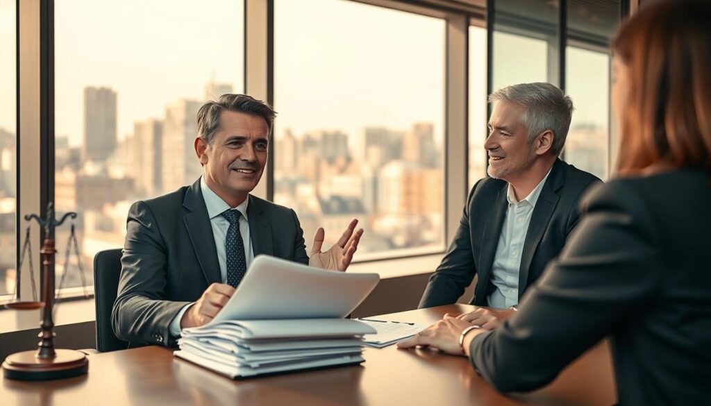 A professional lawyer in a tailored suit, seated at a modern desk, is engaged in a focused discussion with a client. The lawyer has a confident and empathetic expression, gesturing towards a stack of legal documents and a laptop open to a compensation claim. In the background, a large window offers a view of a bustling cityscape, symbolizing the dynamic legal environment in Germany. Soft, warm lighting illuminates the scene, creating an atmosphere of trust and professionalism. The composition uses a slight low-angle view to emphasize the lawyer's authority, while ensuring the client is depicted in neat, business casual attire, reflecting seriousness about their case. The overall mood is one of collaboration and support in seeking justice. A professional lawyer in a tailored suit, seated at a modern desk, is engaged in a focused discussion with a client. The lawyer has a confident and empathetic expression, gesturing towards a stack of legal documents and a laptop open to a compensation claim. In the background, a large window offers a view of a bustling cityscape, symbolizing the dynamic legal environment in Germany. Soft, warm lighting illuminates the scene, creating an atmosphere of trust and professionalism. The composition uses a slight low-angle view to emphasize the lawyer's authority, while ensuring the client is depicted in neat, business casual attire, reflecting seriousness about their case. The overall mood is one of collaboration and support in seeking justice.
