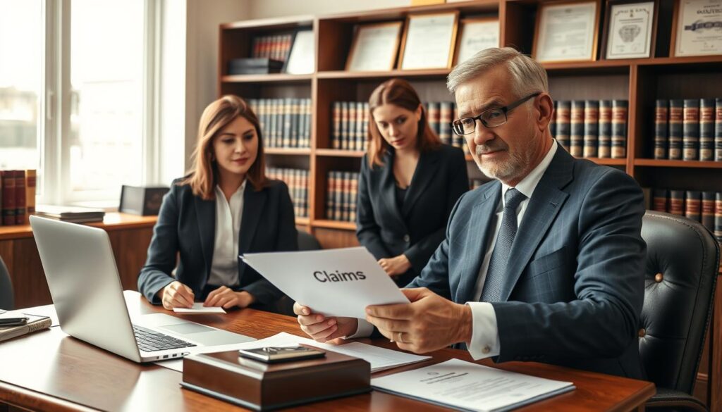 A professional legal setting where a lawyer and a claims adjuster are discussing the intricacies of filing a lawsuit. In the foreground, show the lawyer, a middle-aged man in a tailored navy suit, seated at a wooden desk covered with legal documents and a laptop. Include a thoughtful expression as he gestures towards a folder marked "Claims." In the middle ground, depict the claims adjuster, a young woman in smart business attire, leaning slightly forward, engaged in the discussion. The background features a bookshelf filled with law books and framed legal certificates, creating an atmosphere of professionalism and urgency. Soft, natural lighting filters through a large window, giving a warm tone to the scene, evoking a sense of trust and diligence. A professional legal setting where a lawyer and a claims adjuster are discussing the intricacies of filing a lawsuit. In the foreground, show the lawyer, a middle-aged man in a tailored navy suit, seated at a wooden desk covered with legal documents and a laptop. Include a thoughtful expression as he gestures towards a folder marked "Claims." In the middle ground, depict the claims adjuster, a young woman in smart business attire, leaning slightly forward, engaged in the discussion. The background features a bookshelf filled with law books and framed legal certificates, creating an atmosphere of professionalism and urgency. Soft, natural lighting filters through a large window, giving a warm tone to the scene, evoking a sense of trust and diligence.