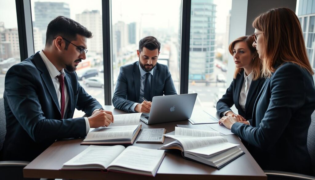 A professional meeting in a modern office environment discussing road traffic accident laws in Germany. In the foreground, a diverse group of three business professionals—two men and one woman—are engaged in a serious discussion while reviewing legal documents and insurance papers. They are dressed in smart business attire. In the middle, a table is cluttered with papers, a laptop, and a legal textbook opened to relevant sections. In the background, large windows reveal a bustling cityscape, symbolizing movement and traffic. Soft, natural lighting illuminates the scene, creating a focused and professional atmosphere. The angle captures the intensity of their conversation, emphasizing the importance of understanding legal rights and obligations after a road incident. A professional meeting in a modern office environment discussing road traffic accident laws in Germany. In the foreground, a diverse group of three business professionals—two men and one woman—are engaged in a serious discussion while reviewing legal documents and insurance papers. They are dressed in smart business attire. In the middle, a table is cluttered with papers, a laptop, and a legal textbook opened to relevant sections. In the background, large windows reveal a bustling cityscape, symbolizing movement and traffic. Soft, natural lighting illuminates the scene, creating a focused and professional atmosphere. The angle captures the intensity of their conversation, emphasizing the importance of understanding legal rights and obligations after a road incident.