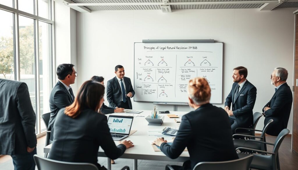 A professional meeting scene focusing on the concept of natural restitution in compensation for damages. In the foreground, a diverse group of business professionals in smart attire are engaged in a discussion around a large table laden with documents and a laptop displaying graphs. The middle ground features a whiteboard filled with diagrams illustrating principles of legal restitution, particularly § 249 BGB, emphasizing the true extent of damage evaluation. The background includes a bright, modern office space with large windows allowing natural light to pour in, conveying an atmosphere of clarity and professionalism. The mood is serious yet hopeful, suggesting a quest for transparency and fairness in financial assessments. Use soft lighting to enhance the professional ambiance. A professional meeting scene focusing on the concept of natural restitution in compensation for damages. In the foreground, a diverse group of business professionals in smart attire are engaged in a discussion around a large table laden with documents and a laptop displaying graphs. The middle ground features a whiteboard filled with diagrams illustrating principles of legal restitution, particularly § 249 BGB, emphasizing the true extent of damage evaluation. The background includes a bright, modern office space with large windows allowing natural light to pour in, conveying an atmosphere of clarity and professionalism. The mood is serious yet hopeful, suggesting a quest for transparency and fairness in financial assessments. Use soft lighting to enhance the professional ambiance.