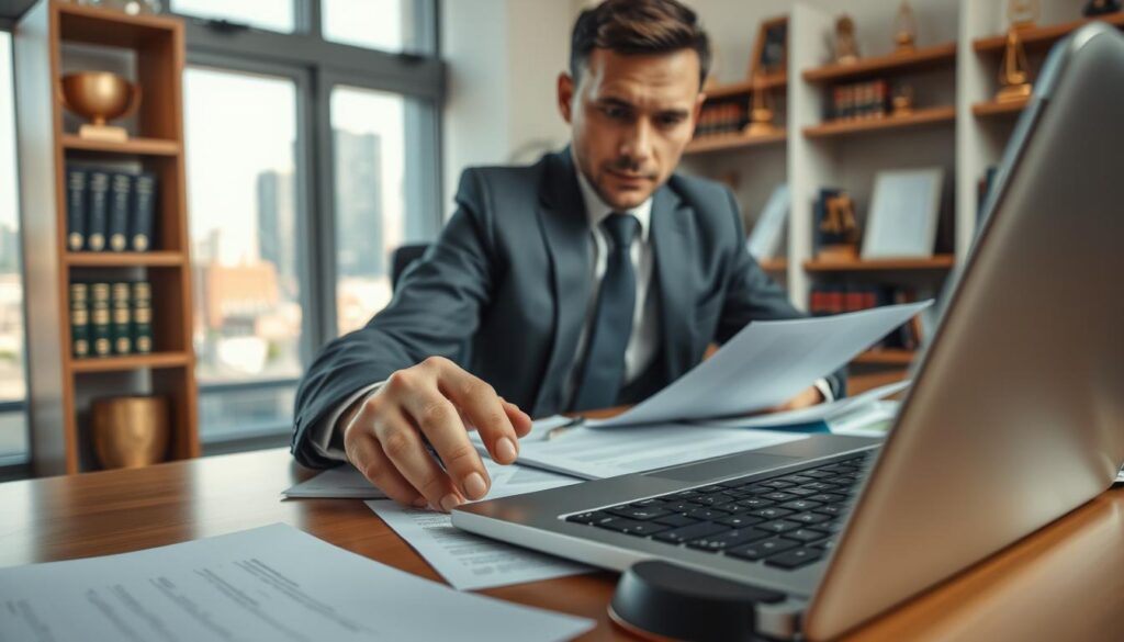 A professional, modern office environment with a focus on a determined businessperson in a tailored suit, seated at a sleek desk cluttered with documentation and legal papers. The foreground features a close-up of their hands, poised over a laptop keyboard, emphasizing an active approach to seeking compensation. In the middle ground, a window reveals a city view, symbolizing broader opportunities and the pursuit of justice. The background includes shelves filled with legal books and awards, creating a sense of credibility and expertise. Soft natural lighting illuminates the space, casting gentle shadows, while a warm and focused atmosphere conveys the seriousness of financial claims. The overall mood is one of determination and professionalism, highlighting the concept of restitution. A professional, modern office environment with a focus on a determined businessperson in a tailored suit, seated at a sleek desk cluttered with documentation and legal papers. The foreground features a close-up of their hands, poised over a laptop keyboard, emphasizing an active approach to seeking compensation. In the middle ground, a window reveals a city view, symbolizing broader opportunities and the pursuit of justice. The background includes shelves filled with legal books and awards, creating a sense of credibility and expertise. Soft natural lighting illuminates the space, casting gentle shadows, while a warm and focused atmosphere conveys the seriousness of financial claims. The overall mood is one of determination and professionalism, highlighting the concept of restitution.
