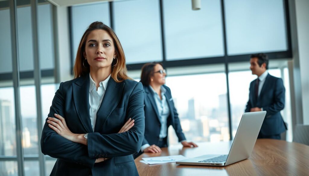 A professional, modern office setting with a focus on a confident businesswoman engaging in a conversation with a representative from an insurance company. In the foreground, the businesswoman is wearing a tailored suit, showing determination and professionalism. The insurance representative, dressed in formal attire, is attentively listening, representing trust and support. In the middle ground, a large window showcases a cityscape, allowing natural light to fill the space, creating a warm and inviting atmosphere. The background should hint at documents and a laptop on the table, symbolizing the claims process. The mood is serious yet optimistic, highlighting the theme of direct claims against insurers. The lens should capture a mid-shot, emphasizing the interaction without distractions. A professional, modern office setting with a focus on a confident businesswoman engaging in a conversation with a representative from an insurance company. In the foreground, the businesswoman is wearing a tailored suit, showing determination and professionalism. The insurance representative, dressed in formal attire, is attentively listening, representing trust and support. In the middle ground, a large window showcases a cityscape, allowing natural light to fill the space, creating a warm and inviting atmosphere. The background should hint at documents and a laptop on the table, symbolizing the claims process. The mood is serious yet optimistic, highlighting the theme of direct claims against insurers. The lens should capture a mid-shot, emphasizing the interaction without distractions.