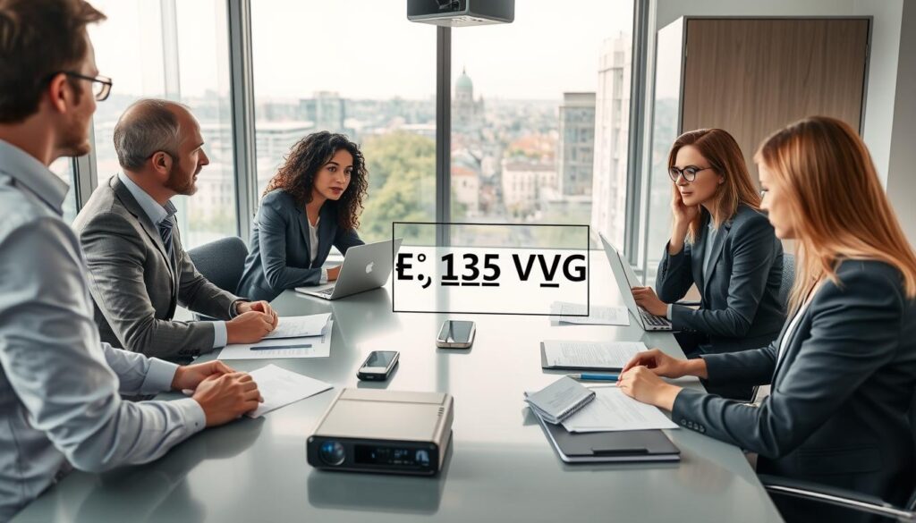 A professional office environment depicting a meeting room in Germany. In the foreground, a group of four diverse professionals, including two men and two women, are engaged in a discussion about insurance claims and legal matters, all wearing smart business attire. The middle layer features a large conference table with legal documents, laptops, and a projector displaying a diagram illustrating "§ 115 VVG" for clarity. In the background, there's a window showing a cityscape of Berlin, with soft natural light illuminating the room, creating a collaborative and focused atmosphere. The image should convey a sense of professionalism, legal accuracy, and teamwork, suitable for an article on liability claims. A professional office environment depicting a meeting room in Germany. In the foreground, a group of four diverse professionals, including two men and two women, are engaged in a discussion about insurance claims and legal matters, all wearing smart business attire. The middle layer features a large conference table with legal documents, laptops, and a projector displaying a diagram illustrating "§ 115 VVG" for clarity. In the background, there's a window showing a cityscape of Berlin, with soft natural light illuminating the room, creating a collaborative and focused atmosphere. The image should convey a sense of professionalism, legal accuracy, and teamwork, suitable for an article on liability claims.
