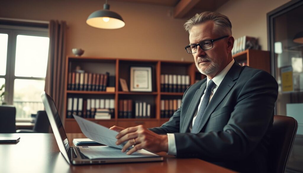 A professional office interior with a warm, inviting atmosphere, showcasing a well-organized workspace. In the foreground, a middle-aged man in a tidy business suit is seated at a desk, reviewing paperwork related to a car accident claim. A laptop is open, displaying financial documents. In the middle, a large window allows soft, natural light to filter in, highlighting folders and a framed certificate on the wall. In the background, shelves filled with law books and insurance pamphlets suggest a legal or insurance environment. The mood is focused and serious, emphasizing diligence and professionalism. The angle is slightly elevated, capturing the ambiance of a busy office dedicated to handling claims. The color palette is warm with muted tones, enhancing a sense of urgency while remaining calm.