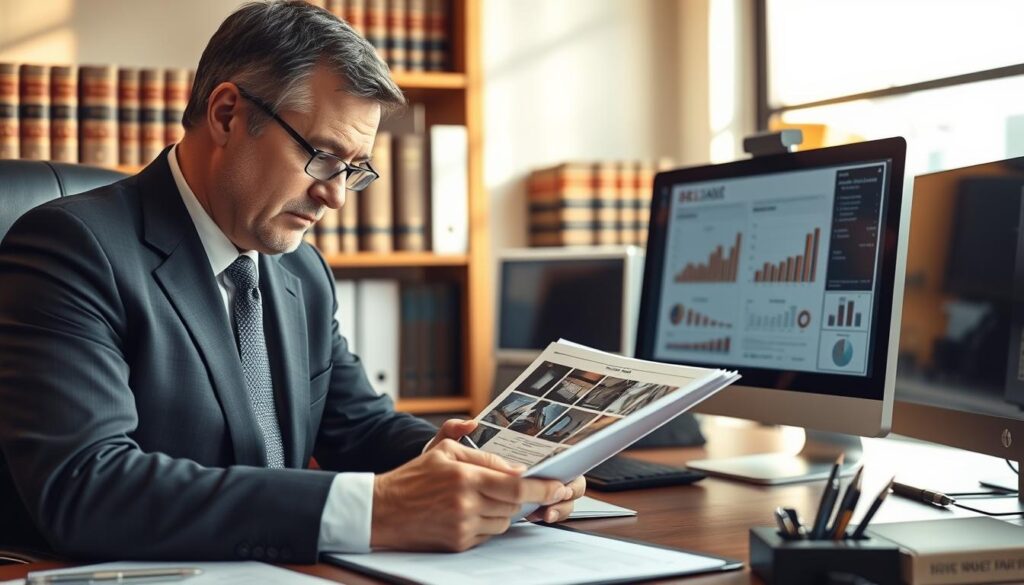 A professional office scene depicting a diligent insurance adjuster reviewing damage documentation at a desk. In the foreground, a focused middle-aged man in a smart business suit examines a folder filled with photographs of the damage, taking notes. The middle ground features a computer screen displaying graphs and charts related to claims data. The background includes shelves lined with law books and insurance manuals, softly blurred to emphasize the adjuster. Warm, natural lighting from a nearby window casts gentle shadows, creating a calm and serious atmosphere. The image conveys a sense of professionalism, thoroughness, and the importance of proper documentation in the pursuit of full compensation. A professional office scene depicting a diligent insurance adjuster reviewing damage documentation at a desk. In the foreground, a focused middle-aged man in a smart business suit examines a folder filled with photographs of the damage, taking notes. The middle ground features a computer screen displaying graphs and charts related to claims data. The background includes shelves lined with law books and insurance manuals, softly blurred to emphasize the adjuster. Warm, natural lighting from a nearby window casts gentle shadows, creating a calm and serious atmosphere. The image conveys a sense of professionalism, thoroughness, and the importance of proper documentation in the pursuit of full compensation.