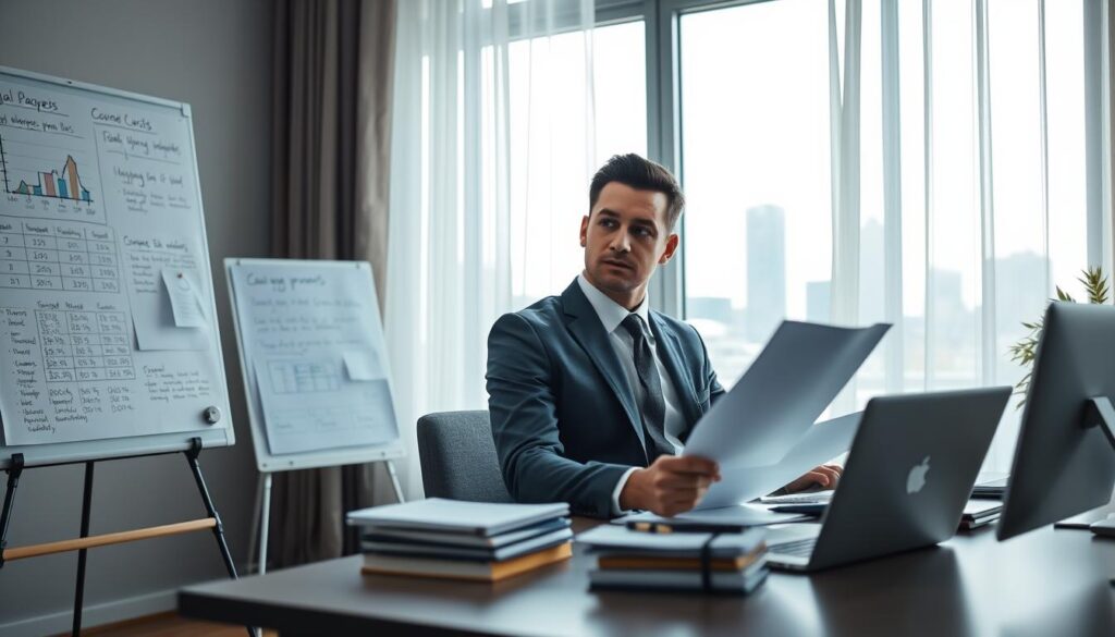 A professional office scene depicting a thoughtful businessman in a tailored suit, sitting at a modern desk strewn with legal documents and a laptop, symbolizing legal assistance costs. In the background, a window reveals a city skyline, bathed in soft, natural light filtering through sheer curtains, creating a calm, reflective atmosphere. To the left, a whiteboard filled with charts and notes outlines legal expenses and damages to be reported to an insurance provider, emphasizing the topic's importance. The overall color palette consists of muted blues and greys, projecting a serious and professional mood. The angle captures a slightly elevated view, focusing on the subject's contemplative expression as he reviews documents, encapsulating the concept of legal costs as part of injury claims. A professional office scene depicting a thoughtful businessman in a tailored suit, sitting at a modern desk strewn with legal documents and a laptop, symbolizing legal assistance costs. In the background, a window reveals a city skyline, bathed in soft, natural light filtering through sheer curtains, creating a calm, reflective atmosphere. To the left, a whiteboard filled with charts and notes outlines legal expenses and damages to be reported to an insurance provider, emphasizing the topic's importance. The overall color palette consists of muted blues and greys, projecting a serious and professional mood. The angle captures a slightly elevated view, focusing on the subject's contemplative expression as he reviews documents, encapsulating the concept of legal costs as part of injury claims.