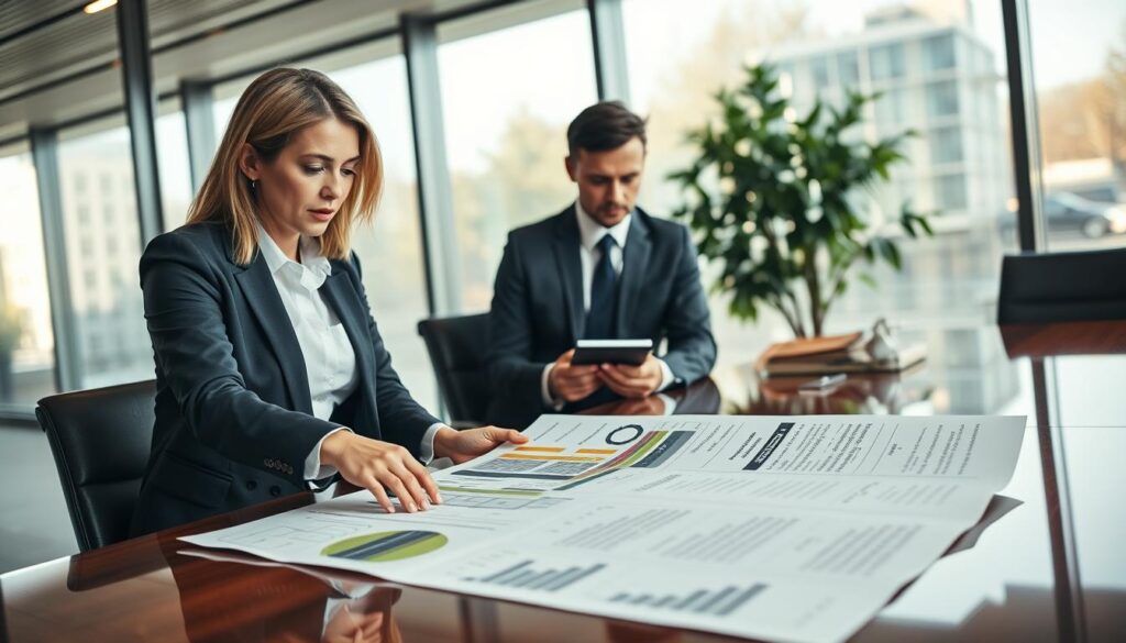 A professional office setting depicting a business meeting between two individuals discussing financial documents. In the foreground, a determined woman in business attire is pointing at a large, detailed report spread across a polished conference table, illustrating elements like total loss costs and other reimbursable expenses. The middle layer shows a man in a suit, thoughtfully reviewing a calculator and taking notes. In the background, large windows allow soft, natural light to flow into the room, enhancing the atmosphere of productivity and seriousness. The mood is focused and analytical, with hints of urgency as they navigate complex financial topics. Make sure the scene captures the dynamic interaction and the importance of addressing overlooked costs. A professional office setting depicting a business meeting between two individuals discussing financial documents. In the foreground, a determined woman in business attire is pointing at a large, detailed report spread across a polished conference table, illustrating elements like total loss costs and other reimbursable expenses. The middle layer shows a man in a suit, thoughtfully reviewing a calculator and taking notes. In the background, large windows allow soft, natural light to flow into the room, enhancing the atmosphere of productivity and seriousness. The mood is focused and analytical, with hints of urgency as they navigate complex financial topics. Make sure the scene captures the dynamic interaction and the importance of addressing overlooked costs.