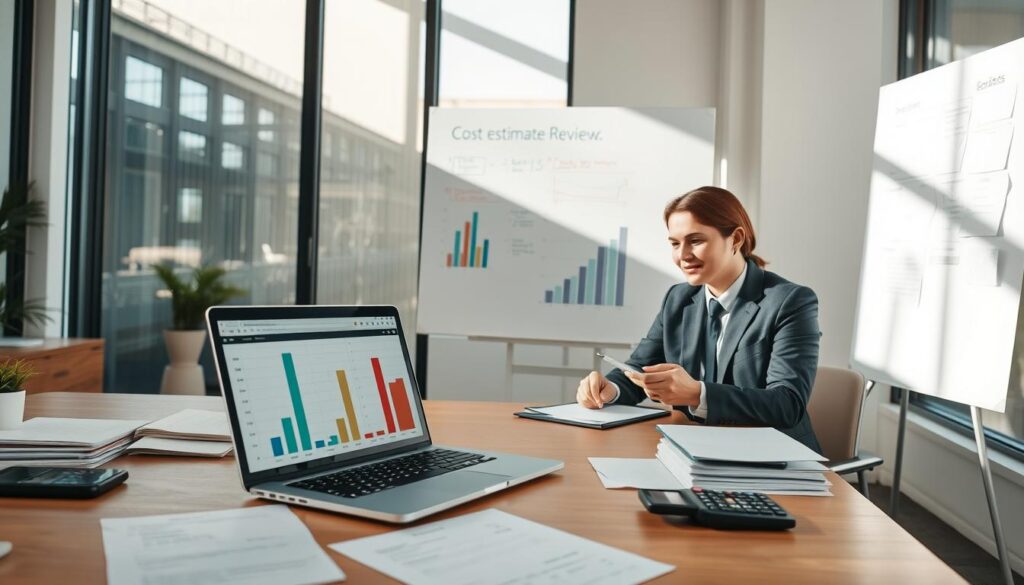 A professional office setting focused on preparing for a cost estimate review. In the foreground, a well-organized desk features a laptop open to a spreadsheet displaying budget figures, alongside neatly arranged documents and a calculator. A person dressed in professional business attire, looking focused and engaged, is seated at the desk, taking notes. In the middle ground, a whiteboard is filled with colorful graphs and a checklist indicating preparation steps. The background shows large windows with natural light streaming in, casting soft shadows across the room. The atmosphere is one of diligence and concentration, reflecting a serious yet optimistic mood. The overall color scheme is warm and inviting, with a balanced composition that draws the viewer's attention to the preparation process.