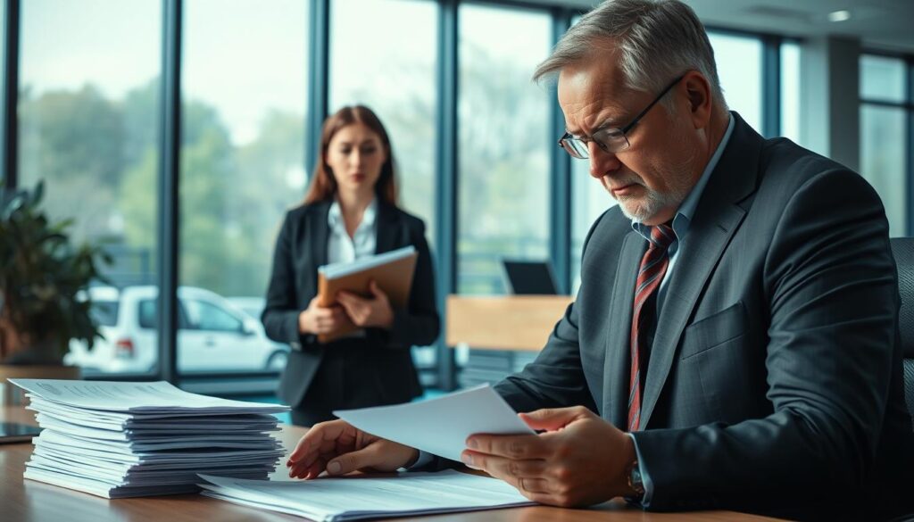 A professional office setting with a focus on an insurance adjuster questioning costs. In the foreground, a middle-aged male adjuster in a tailored suit, looking intently at a stack of documents on his desk. In the middle ground, a concerned young woman in business attire, holding a folder, looking unsure as she engages in discussion with the adjuster. In the background, a modern office environment with large windows allowing soft, natural light to fill the room, casting gentle shadows. The overall atmosphere is tense yet professional, reflecting a serious negotiation. The composition is shot from a slightly elevated angle to capture both subjects and the paperwork effectively, showcasing the dynamics of their interaction. A professional office setting with a focus on an insurance adjuster questioning costs. In the foreground, a middle-aged male adjuster in a tailored suit, looking intently at a stack of documents on his desk. In the middle ground, a concerned young woman in business attire, holding a folder, looking unsure as she engages in discussion with the adjuster. In the background, a modern office environment with large windows allowing soft, natural light to fill the room, casting gentle shadows. The overall atmosphere is tense yet professional, reflecting a serious negotiation. The composition is shot from a slightly elevated angle to capture both subjects and the paperwork effectively, showcasing the dynamics of their interaction.