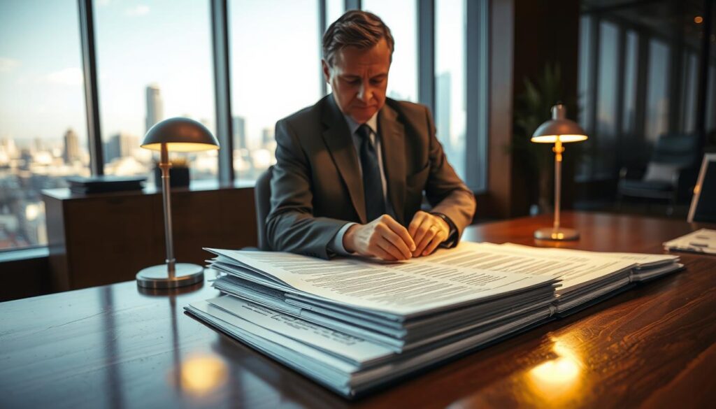 A professional office setting with a well-dressed businessperson inspecting a stack of legal documents on a polished wooden table. In the foreground, the person, a middle-aged individual in a tailored suit, appears focused and serious while examining the documents, which are neatly arranged and partially opened. The middle ground features an elegant desk lamp casting warm, soft light onto the papers, highlighting important points. In the background, a modern office with large windows allows natural light to flood in, revealing a city skyline. The atmosphere is tense yet composed, conveying the importance of careful review before signing. The lens is wide, capturing the depth of the scene with a shallow depth of field, emphasizing the documents and the businessperson. A professional office setting with a well-dressed businessperson inspecting a stack of legal documents on a polished wooden table. In the foreground, the person, a middle-aged individual in a tailored suit, appears focused and serious while examining the documents, which are neatly arranged and partially opened. The middle ground features an elegant desk lamp casting warm, soft light onto the papers, highlighting important points. In the background, a modern office with large windows allows natural light to flood in, revealing a city skyline. The atmosphere is tense yet composed, conveying the importance of careful review before signing. The lens is wide, capturing the depth of the scene with a shallow depth of field, emphasizing the documents and the businessperson.