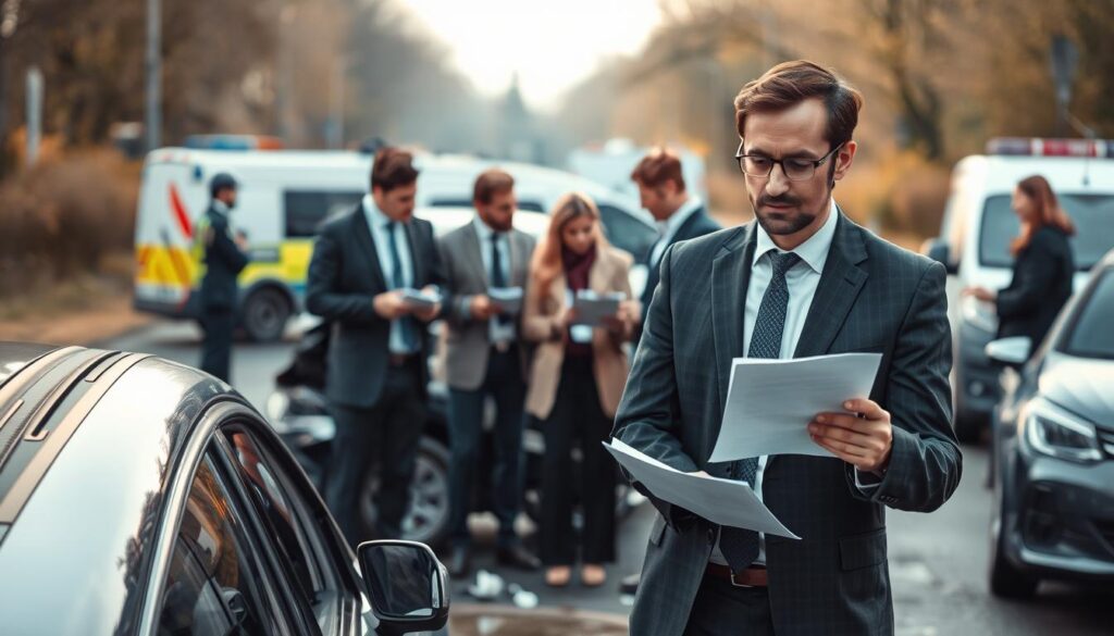 A professional scene depicting a car accident aftermath in Germany, showcasing various elements of claims processing. In the foreground, a serious-looking insurance agent in smart business attire is reviewing documents while standing beside a damaged vehicle, emphasizing the importance of claims. The middle area features a diverse group of individuals discussing and exchanging information, representing the victims and their families, with expressions of concern and determination. In the background, a subtle indication of a police presence and emergency vehicles adds realism to the scene. Soft, natural lighting conveys a somber yet hopeful atmosphere, highlighting the gravity of the situation. The focus is sharp, with a slight depth of field to draw attention to the foreground details, encapsulating the theme of navigating insurance claims after a road accident in Germany. A professional scene depicting a car accident aftermath in Germany, showcasing various elements of claims processing. In the foreground, a serious-looking insurance agent in smart business attire is reviewing documents while standing beside a damaged vehicle, emphasizing the importance of claims. The middle area features a diverse group of individuals discussing and exchanging information, representing the victims and their families, with expressions of concern and determination. In the background, a subtle indication of a police presence and emergency vehicles adds realism to the scene. Soft, natural lighting conveys a somber yet hopeful atmosphere, highlighting the gravity of the situation. The focus is sharp, with a slight depth of field to draw attention to the foreground details, encapsulating the theme of navigating insurance claims after a road accident in Germany.
