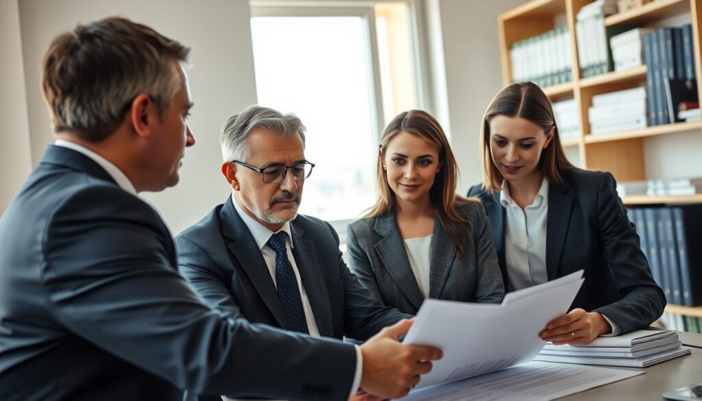 A professional setting depicting a diverse group of business people engaged in a discussion about correspondence with an insurance company in Germany. In the foreground, a middle-aged man in a navy suit and a woman in a tailored blazer examine documents on a table, their focused expressions conveying determination. In the middle ground, a window shows a view of a European cityscape, suggesting an office environment. Soft, natural light filters through the window, creating a warm atmosphere. In the background, shelves filled with books and legal documents add context. The overall mood is serious yet collaborative, illustrating the theme of overcoming language barriers in legal matters, highlighting the importance of informed action in the face of adversity. A professional setting depicting a diverse group of business people engaged in a discussion about correspondence with an insurance company in Germany. In the foreground, a middle-aged man in a navy suit and a woman in a tailored blazer examine documents on a table, their focused expressions conveying determination. In the middle ground, a window shows a view of a European cityscape, suggesting an office environment. Soft, natural light filters through the window, creating a warm atmosphere. In the background, shelves filled with books and legal documents add context. The overall mood is serious yet collaborative, illustrating the theme of overcoming language barriers in legal matters, highlighting the importance of informed action in the face of adversity.