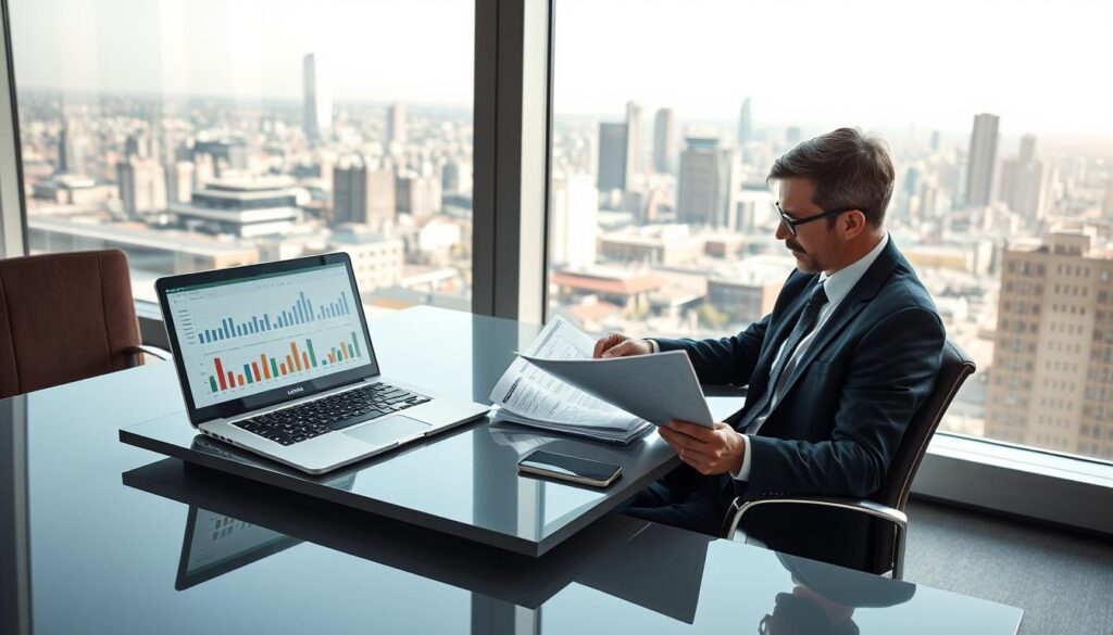 A professional setting illustrating the concept of claims processing costs in Germany. In the foreground, a business professional in modest business attire is analyzing financial documents related to damage claims at a sleek, modern desk. The middle ground features a laptop displaying charts and legal documents, indicating the intricacies of § 249 BGB. In the background, a large window reveals a city skyline, hinting at a bustling metropolis, bathed in soft afternoon light that creates a serious and focused atmosphere. The overall mood should be one of diligence and professionalism, reflecting the importance of understanding the costs involved in claims processing. Ideal for a legal or business-themed article.