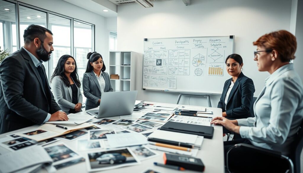 A professional setting illustrating the process of determining accident responsibility. In the foreground, a diverse group of three individuals in professional attire, a man and two women, is engaged in a discussion around a table cluttered with accident reports, photographs, and a laptop. The middle ground features a large whiteboard with diagrams and notes detailing participant involvement. The background shows a bright, modern office environment with glass windows letting in natural light, creating a productive atmosphere. The mood is serious yet collaborative, emphasizing analysis and communication. Soft shadows are cast from overhead lights, adding depth to the scene, captured at eye level for a more immersive perspective. A professional setting illustrating the process of determining accident responsibility. In the foreground, a diverse group of three individuals in professional attire, a man and two women, is engaged in a discussion around a table cluttered with accident reports, photographs, and a laptop. The middle ground features a large whiteboard with diagrams and notes detailing participant involvement. The background shows a bright, modern office environment with glass windows letting in natural light, creating a productive atmosphere. The mood is serious yet collaborative, emphasizing analysis and communication. Soft shadows are cast from overhead lights, adding depth to the scene, captured at eye level for a more immersive perspective.