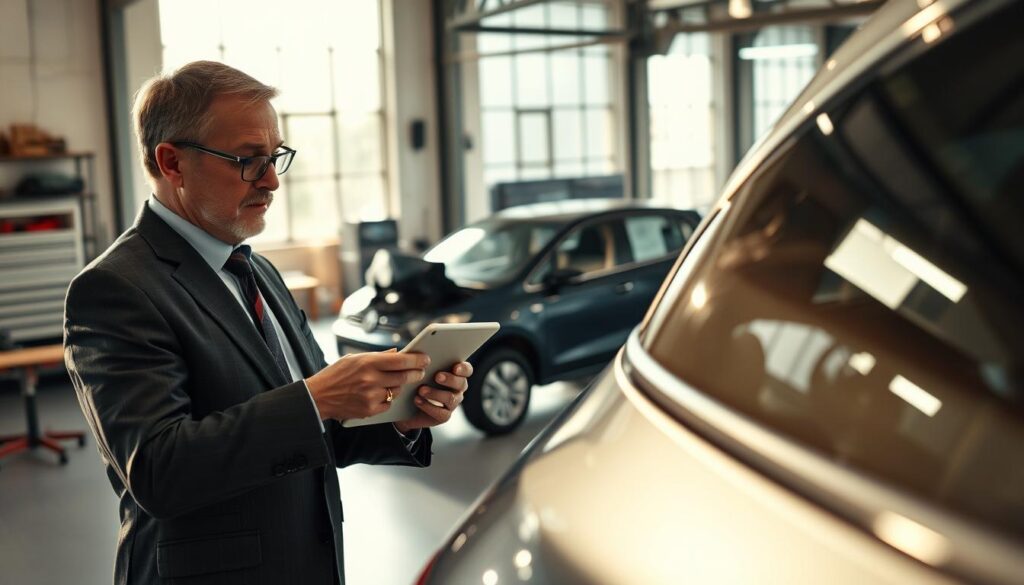 A professional setting showcasing a German automotive expert examining a vehicle post-accident. In the foreground, a focused middle-aged man in a tailored suit and glasses is using a tablet to assess the damage on a car with visible dents and scratches. In the middle ground, a modern workshop with tools and car parts can be seen, emphasizing a technical atmosphere. The background features a large window illuminating the space with natural light, creating a warm yet serious ambiance. The angle is slightly tilted to capture both the expert's expressions and the intricate details of the damaged vehicle. Shadows play softly across surfaces, enhancing a thoughtful mood and an air of professionalism.
