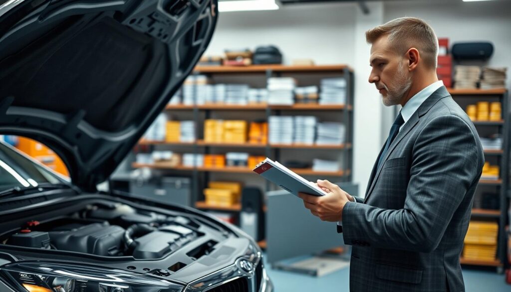 A professional vehicle appraisal scene featuring a knowledgeable automotive expert examining a car in a bright, well-lit garage. In the foreground, the expert, dressed in a smart business attire, is using a clipboard and a set of diagnostic tools to assess the vehicle's condition. The middle ground shows a detailed view of the car, with its hood open, showcasing various mechanical components. In the background, shelves filled with automotive manuals and tools create a workshop ambiance. Soft, diffused lighting enhances the atmosphere, suggesting a thorough and professional examination process. The overall mood is serious and focused, emphasizing diligence and expertise in vehicle appraisal.