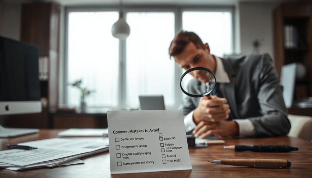 A professional workspace with a well-organized desk featuring documents and tools for inspection. In the foreground, a focused businessperson, dressed in smart casual attire, holding a magnifying glass, examining a damaged item, such as a piece of furniture or an electronic device, highlighting the importance of detailed inspection before repairs. In the middle ground, a clearly marked checklist labeled "Common Mistakes to Avoid" rests beside the damaged item, showcasing key points of caution. The background features a well-lit office with soft, natural lighting filtering through a window, creating a calm and serious atmosphere. The overall mood is focused and professional, underscoring the critical need for careful documentation before initiating repairs or claims.