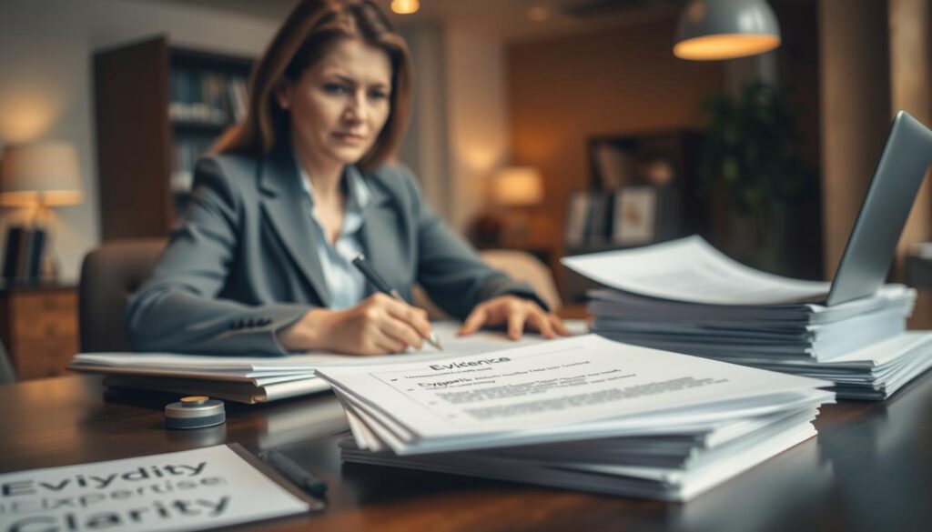 A thoughtful scene depicting the process of preparing an opinion for compensation claims. In the foreground, a professional woman dressed in business attire is seated at a desk, engaged in writing with a focused expression, surrounded by legal documents and a laptop. In the middle, there are stacks of papers with bullet points highlighting key elements like "Evidence," "Expertise," and "Clarity." The background features a softly blurred office environment with warm lighting to create a serious yet inviting atmosphere. The angle captures the desk from slightly above, emphasizing the work being done. The overall mood conveys professionalism and diligence in navigating the complexities of compensation claims.