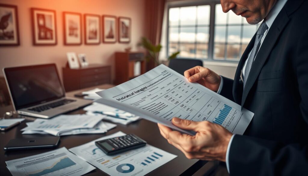A visually engaging representation of claims related to insurance damages and costs. In the foreground, a close-up of a professional businessperson examining a document with calculations and charts, dressed in smart business attire, conveying a sense of seriousness and diligence. In the middle ground, an office scene with a desk cluttered with insurance papers, a calculator, and a laptop displaying relevant graphs. In the background, a wall with framed pictures and a window showing a cloudy sky, suggesting a somber mood. Soft, natural lighting enhances the professional atmosphere, with a shallow depth of field focusing on the document while gently blurring the background. The overall ambiance reflects the complexity and importance of understanding claims for damages. A visually engaging representation of claims related to insurance damages and costs. In the foreground, a close-up of a professional businessperson examining a document with calculations and charts, dressed in smart business attire, conveying a sense of seriousness and diligence. In the middle ground, an office scene with a desk cluttered with insurance papers, a calculator, and a laptop displaying relevant graphs. In the background, a wall with framed pictures and a window showing a cloudy sky, suggesting a somber mood. Soft, natural lighting enhances the professional atmosphere, with a shallow depth of field focusing on the document while gently blurring the background. The overall ambiance reflects the complexity and importance of understanding claims for damages.