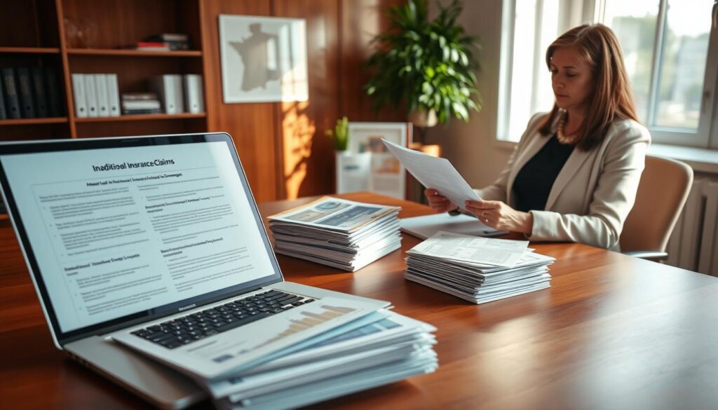 A well-organized office environment serves as the backdrop, with a large wooden desk in the foreground. On the desk, there's a laptop displaying financial documents alongside neatly stacked paperwork regarding additional costs and damages related to insurance claims. A person in professional attire, a middle-aged businesswoman, is intently reviewing the documents, suggesting diligence and focus. The middle ground showcases an array of insurance pamphlets and a potted plant for a touch of nature. The atmosphere conveys a sense of professionalism and responsibility, with soft, natural lighting coming from a nearby window, casting gentle shadows, and a warm color palette creating an inviting yet serious mood. The scene captures the essence of navigating complexities in filing insurance claims. A well-organized office environment serves as the backdrop, with a large wooden desk in the foreground. On the desk, there's a laptop displaying financial documents alongside neatly stacked paperwork regarding additional costs and damages related to insurance claims. A person in professional attire, a middle-aged businesswoman, is intently reviewing the documents, suggesting diligence and focus. The middle ground showcases an array of insurance pamphlets and a potted plant for a touch of nature. The atmosphere conveys a sense of professionalism and responsibility, with soft, natural lighting coming from a nearby window, casting gentle shadows, and a warm color palette creating an inviting yet serious mood. The scene captures the essence of navigating complexities in filing insurance claims.