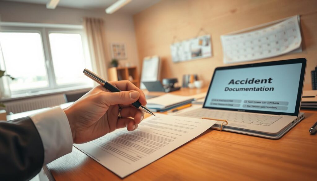 A well-organized office space featuring a large desk cluttered with important documents and paperwork related to a car accident in Germany. In the foreground, a pair of hands (wearing formal clothing) is holding a pen, poised over a claim form. The middle ground showcases a laptop displaying correspondence with an insurance company, alongside an open folder labeled "Accident Documentation." The background features a bright window allowing natural light to flood the room, illuminating a calendar on the wall with marked dates. The atmosphere is one of determination and focus, highlighting the importance of preparing documents for insurance claims. The overall lighting is warm, creating a safe and professional environment. The angle is slightly off-center, providing a dynamic view of the workspace.